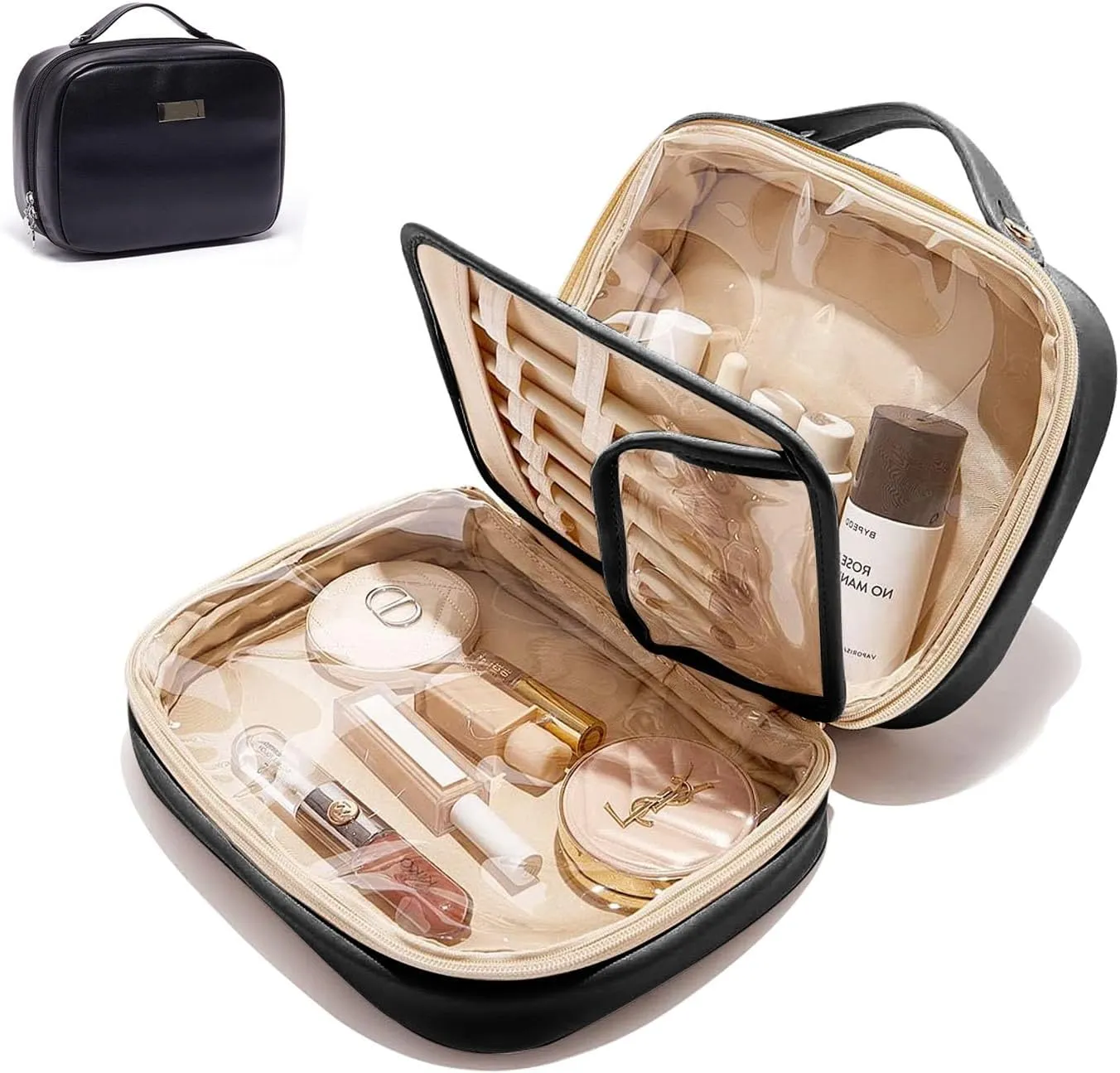 Double Sided Travel Makeup Bag, Large Capacity Cosmetic Bag, Portable Waterproof PU Leather with Brush Compartments, Easy Access, Black Makeup Organizer Bag