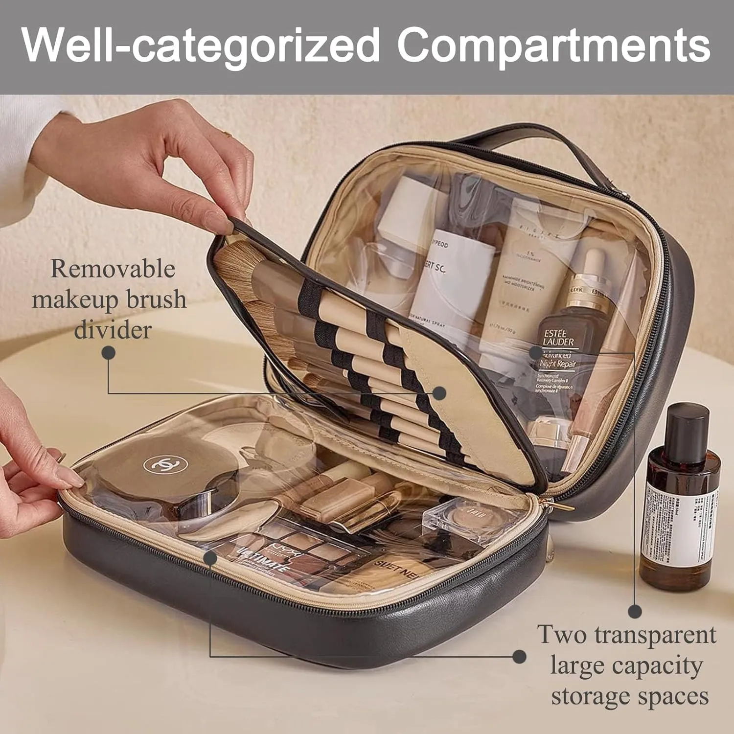 Double Sided Travel Makeup Bag, Large Capacity Cosmetic Bag, Portable Waterproof PU Leather with Brush Compartments, Easy Access, Black Makeup Organizer Bag