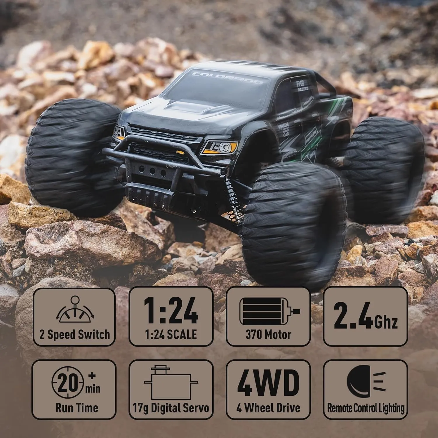 EAZYRC FMS FMT24 1/24 Chevrolet Colorado Brushed RC Truck RTR, 2.4Ghz Basher RC Cars, 4X4 Off-Road Hobby Grade Waterproof 2-Speed Transmission RC Crawler with 370 Motor RC Car for Gift(Black)