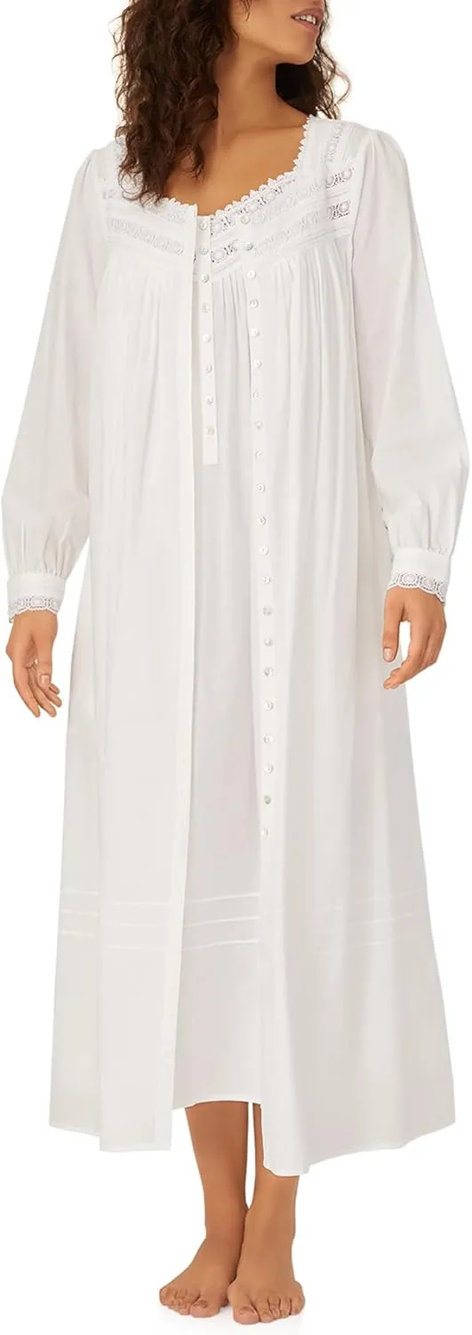 Eileen West Queen Anne's Lace Robe for Women – Heirloom Lightweight 100% Cotton Women’s Nightgown or Button Front Robe - White, Medium