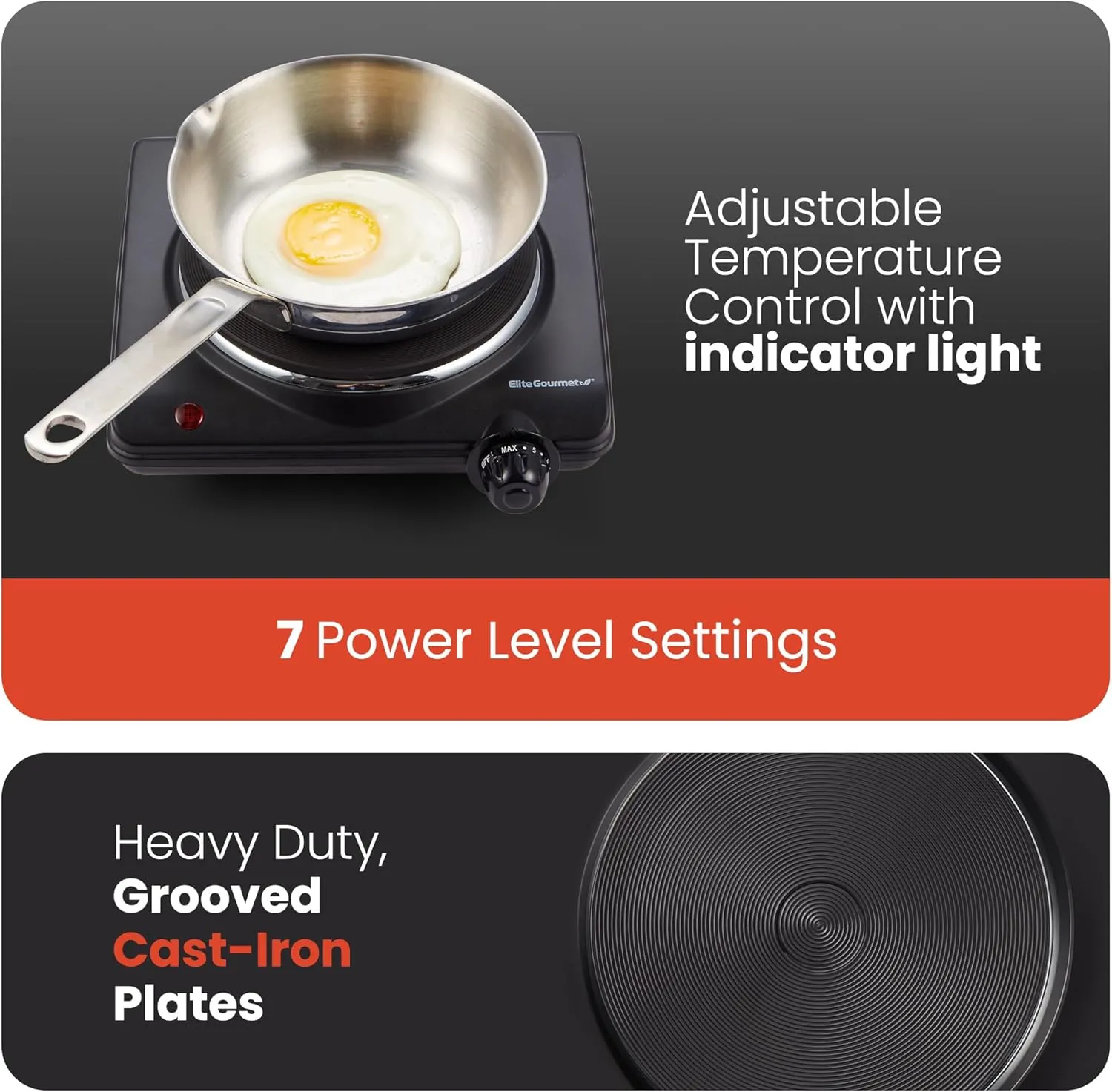 Elite Gourmet ESB-301BF# Countertop Single Cast Iron Burner, 1000 Watts Electric Hot Plate, Temperature Controls, Power Indicator Lights, Easy to Clean, Black