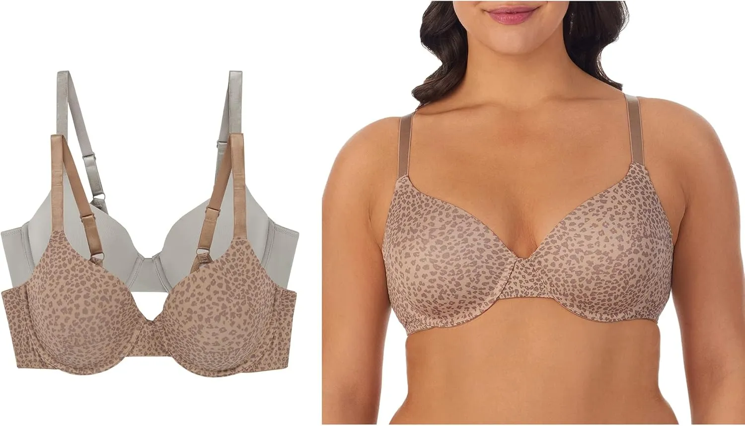 ELLEN TRACY Everyday T-Shirt Bra with Underwire - Adjustable Straps - 2-Pack Multipack - 36B Latte Cheetah/Medium Grey