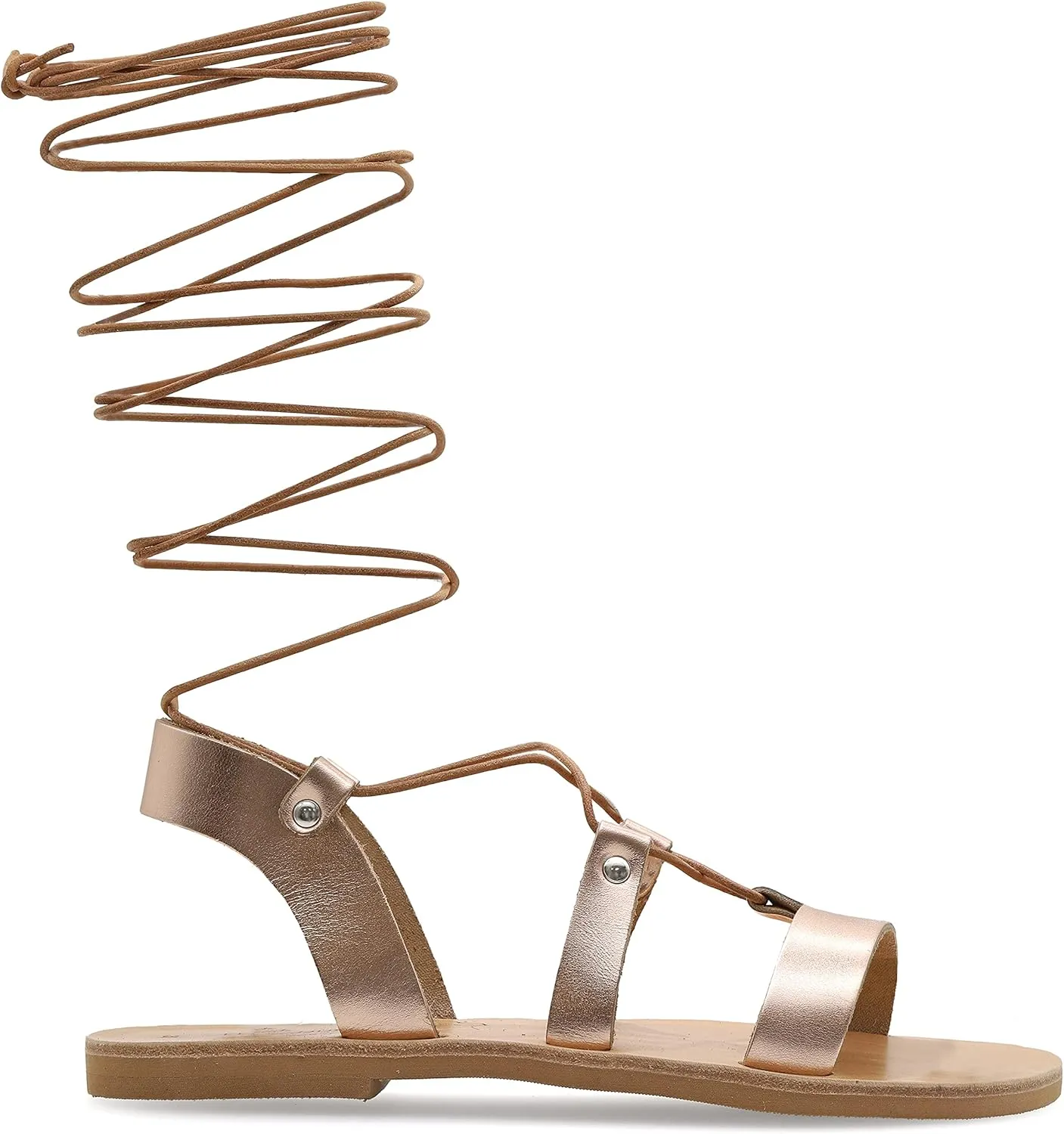 Emmanuela Ancient Greek Style Knee High Leather Sandals, Handmade Open Toe Flat Gladiator Sandals, Quality Tie up Strappy Summer Shoes for Women, Boho Chic Rose Gold Silver White Black
