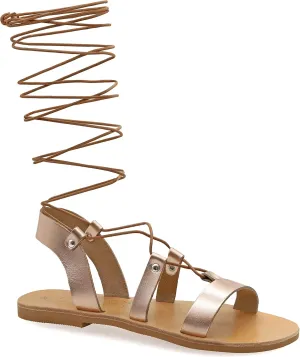 Emmanuela Ancient Greek Style Knee High Leather Sandals, Handmade Open Toe Flat Gladiator Sandals, Quality Tie up Strappy Summer Shoes for Women, Boho Chic Rose Gold Silver White Black