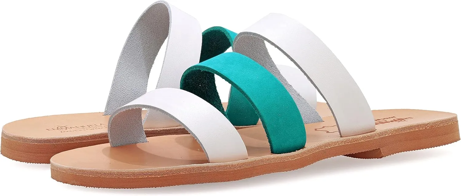 Emmanuela Ancient Greek Style Sandals, Handmade Leather Open Toe Strappy Flat Sandals, Quality Slide on Summer Shoes for Women, Boho Chic Sliders Rose Gold Silver Bronze Turquoise White