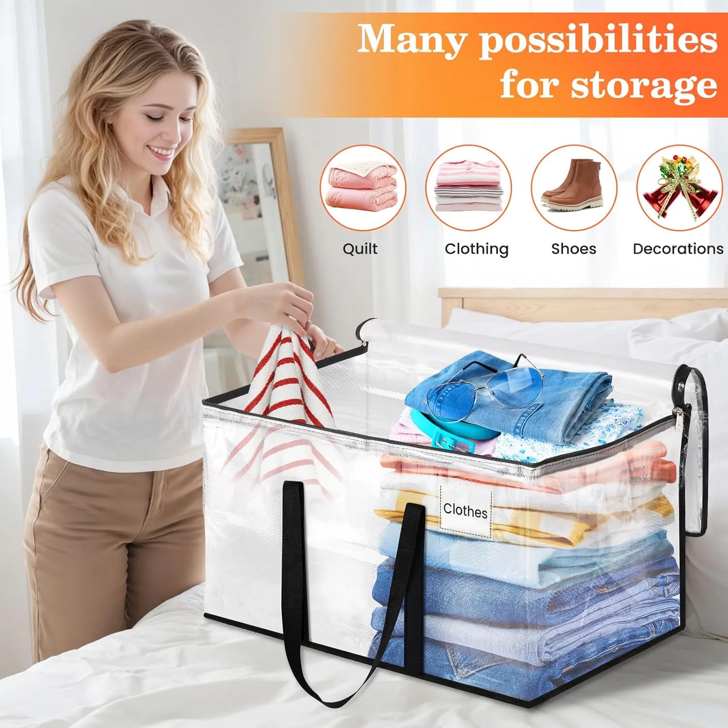 Extra Large Heavy Duty Moving Bags, Storage Bags with Strong Zippers & Handles, Packing Bags for Moving Essentials, Ideal Storage Tote for Home, Dorm & Storage Solutions, 93L, 8 Packs, Clear