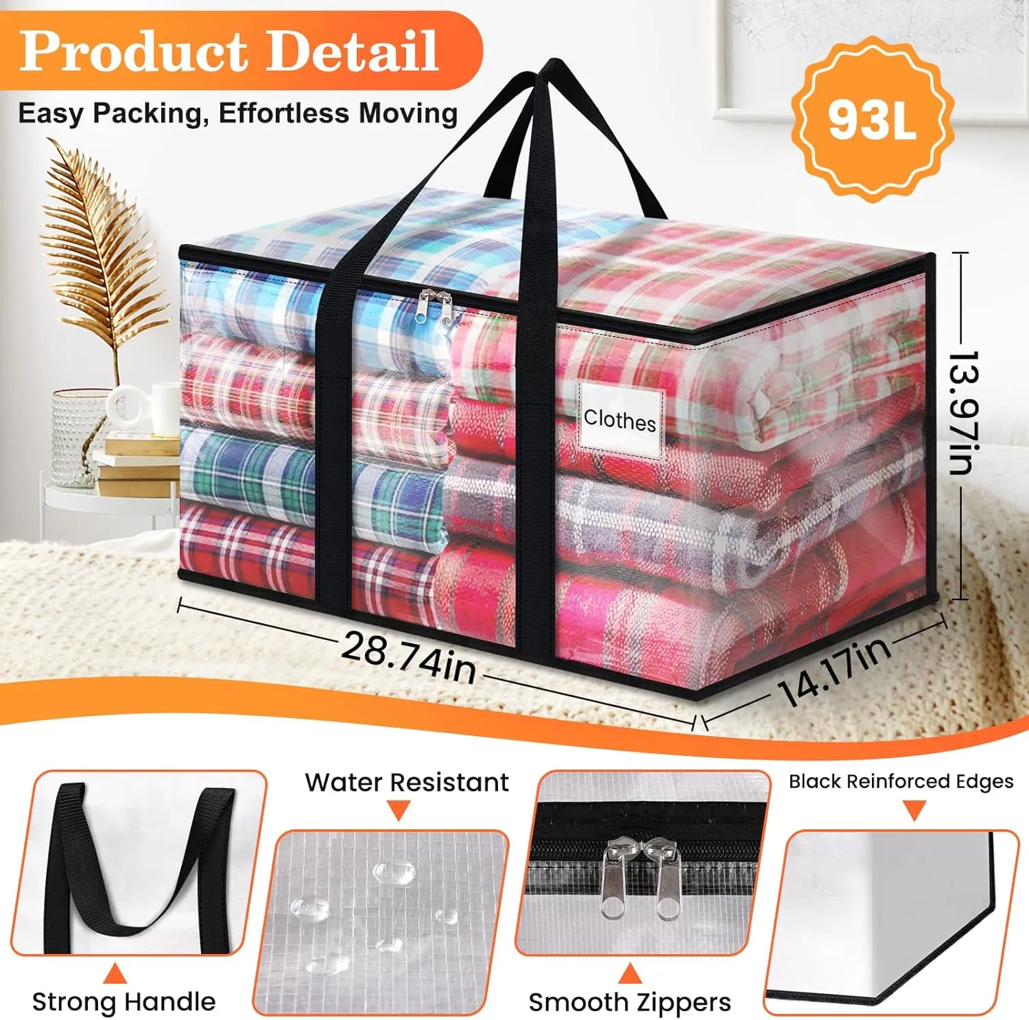 Extra Large Heavy Duty Moving Bags, Storage Bags with Strong Zippers & Handles, Packing Bags for Moving Essentials, Ideal Storage Tote for Home, Dorm & Storage Solutions, 93L, 8 Packs, Clear
