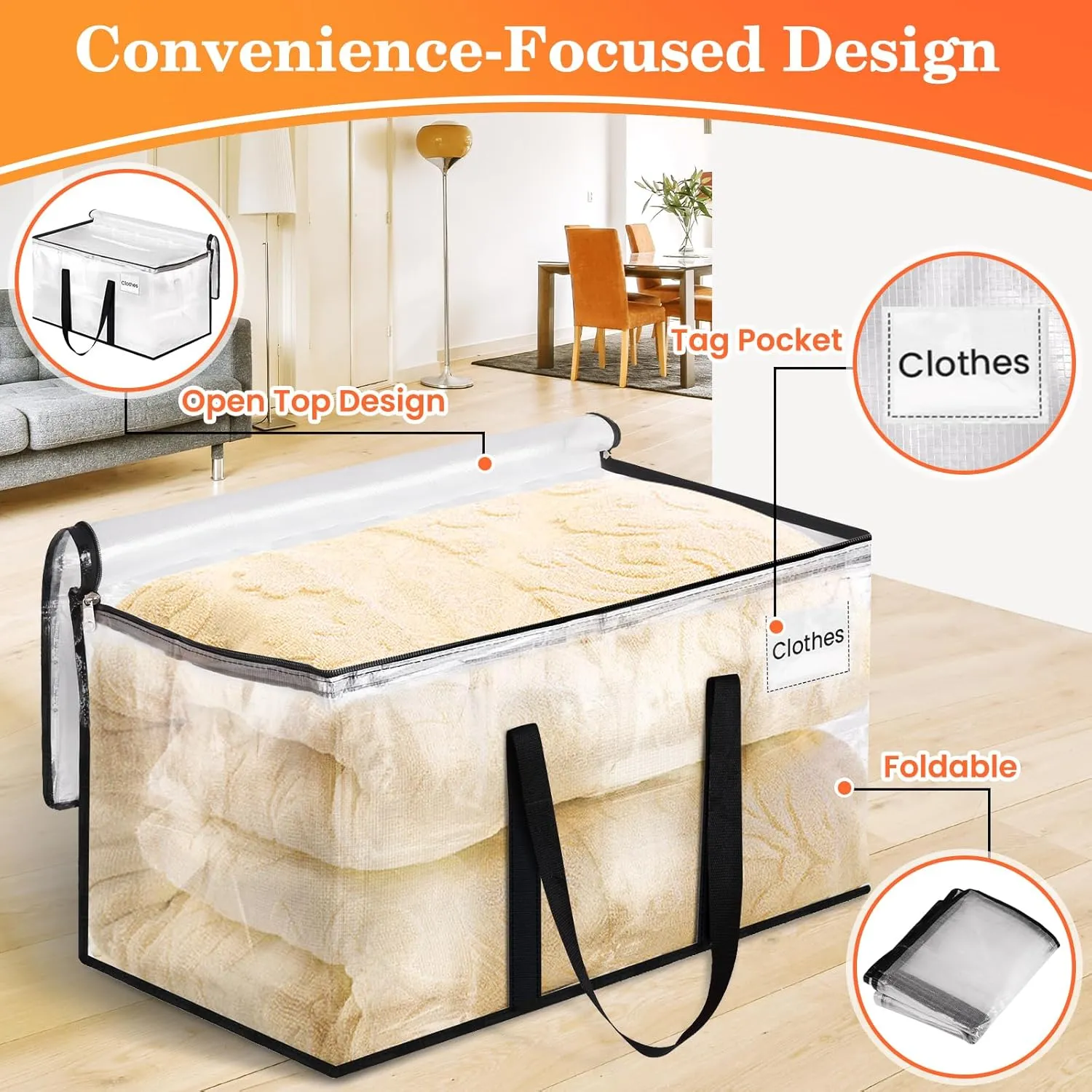 Extra Large Heavy Duty Moving Bags, Storage Bags with Strong Zippers & Handles, Packing Bags for Moving Essentials, Ideal Storage Tote for Home, Dorm & Storage Solutions, 93L, 8 Packs, Clear