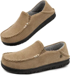 FamilyFairy Men's Moccasin Slippers Corduroy Breathable Memory Foam House Shoes Anti-Slip Indoor Outdoor