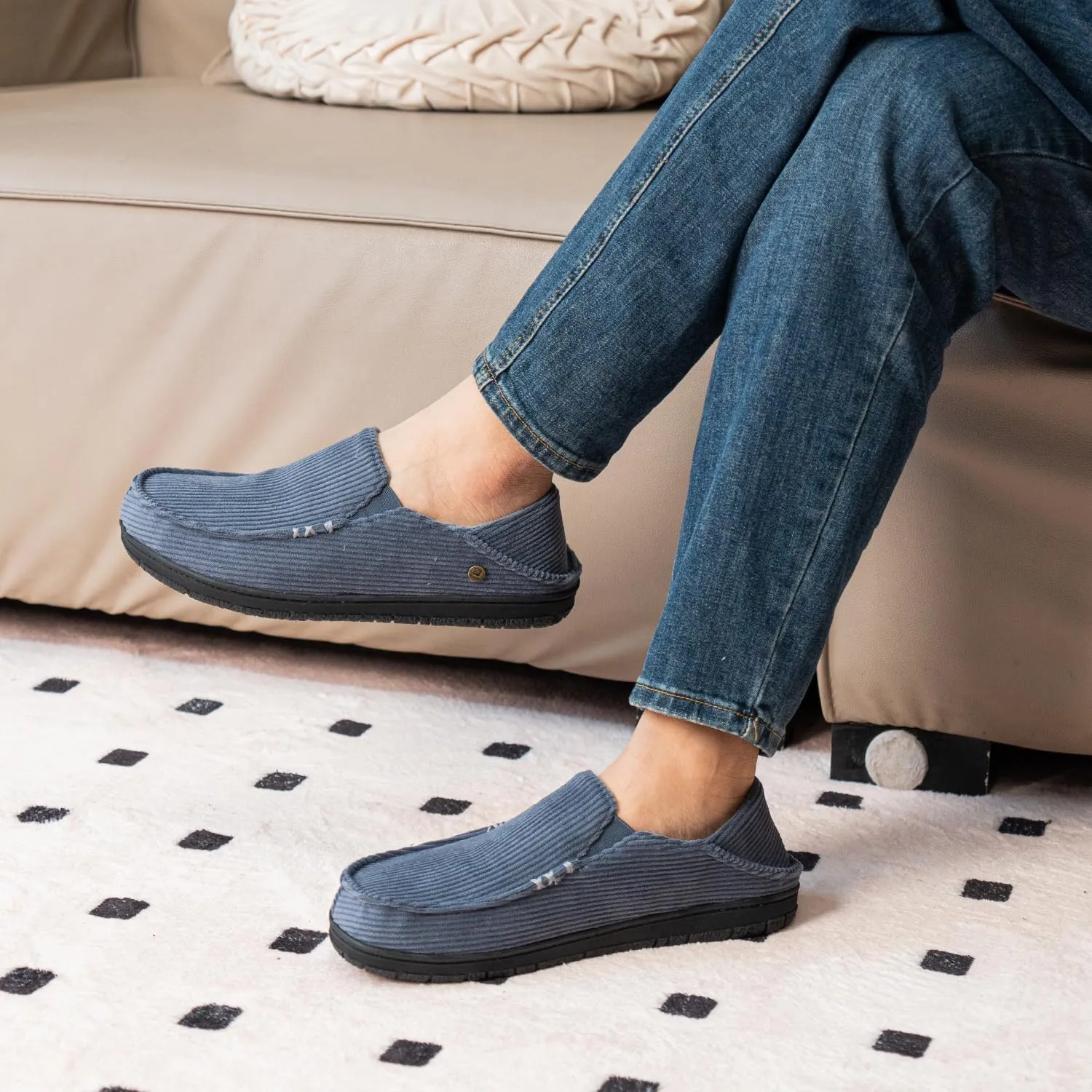 FamilyFairy Men's Moccasin Slippers Corduroy Breathable Memory Foam House Shoes Anti-Slip Indoor Outdoor