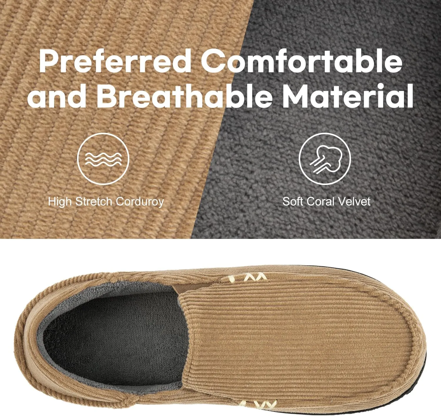 FamilyFairy Men's Moccasin Slippers Corduroy Breathable Memory Foam House Shoes Anti-Slip Indoor Outdoor