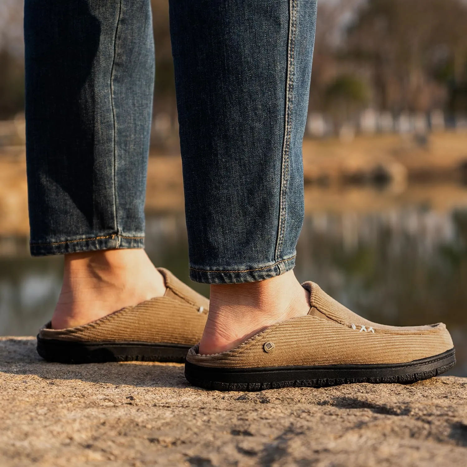 FamilyFairy Men's Moccasin Slippers Corduroy Breathable Memory Foam House Shoes Anti-Slip Indoor Outdoor