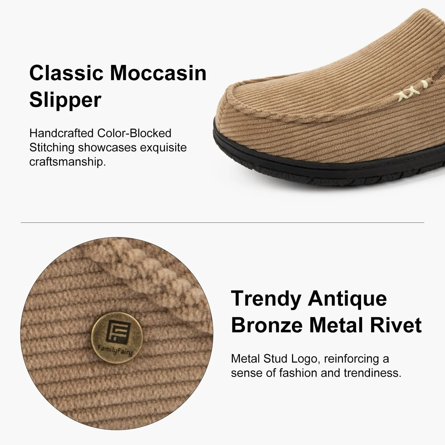 FamilyFairy Men's Moccasin Slippers Corduroy Breathable Memory Foam House Shoes Anti-Slip Indoor Outdoor