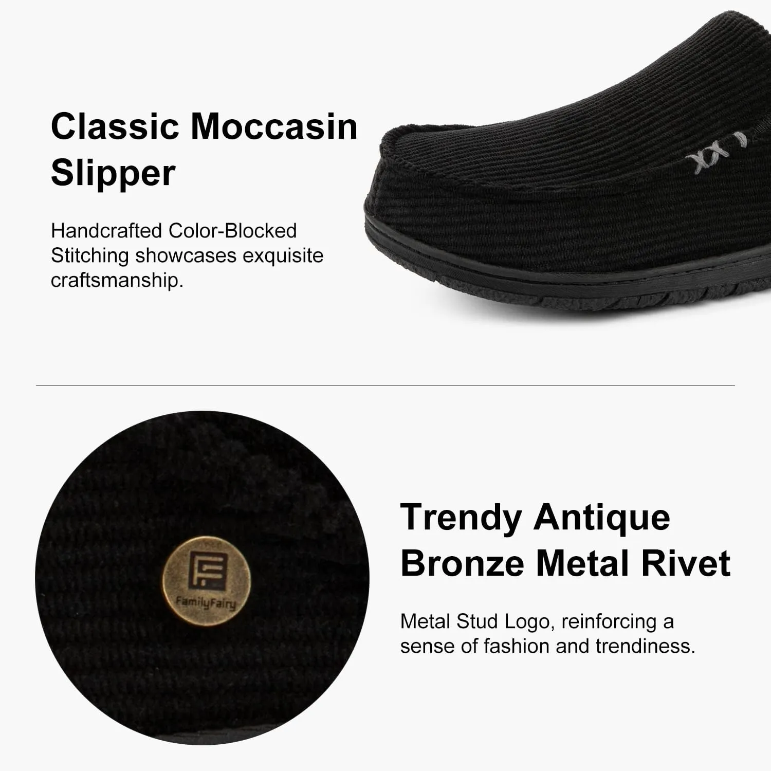 FamilyFairy Men's Moccasin Slippers Corduroy Breathable Memory Foam House Shoes Anti-Slip Indoor Outdoor