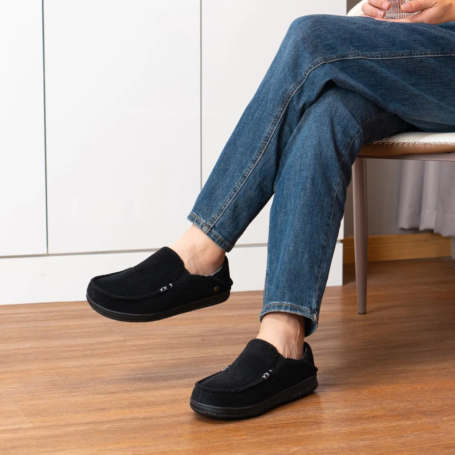 FamilyFairy Men's Moccasin Slippers Corduroy Breathable Memory Foam House Shoes Anti-Slip Indoor Outdoor