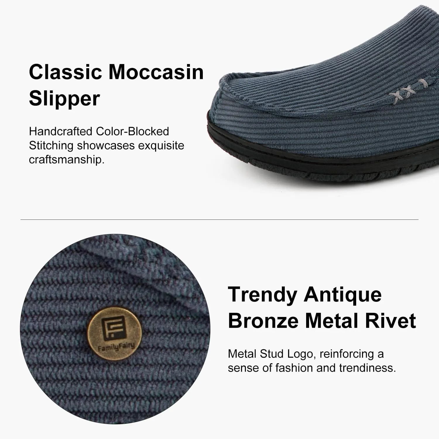 FamilyFairy Men's Moccasin Slippers Corduroy Breathable Memory Foam House Shoes Anti-Slip Indoor Outdoor