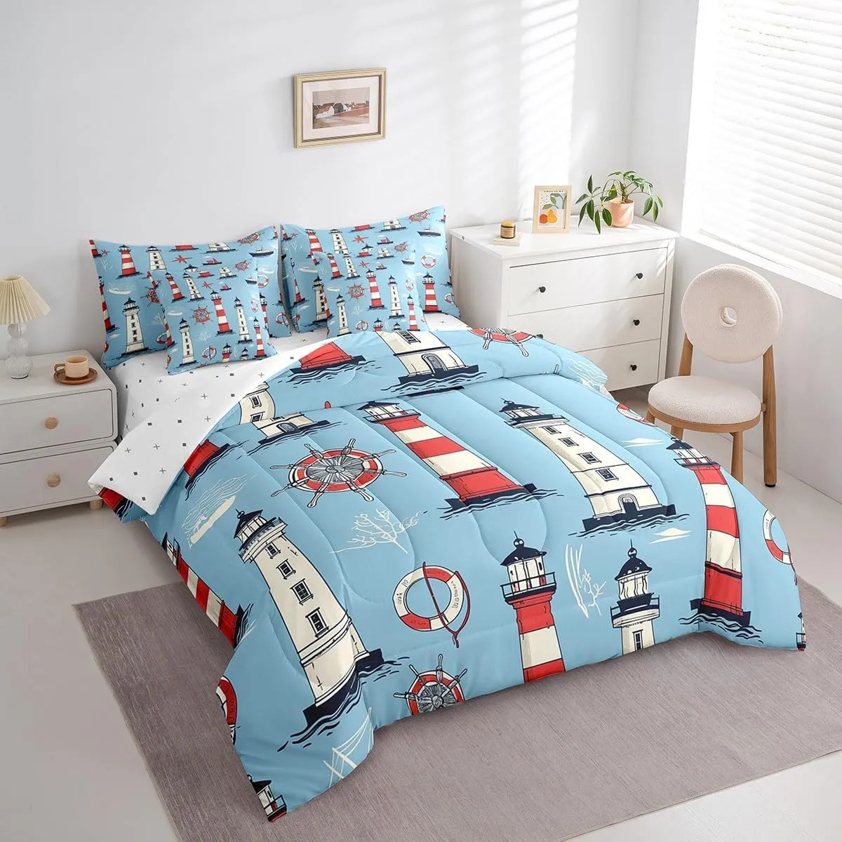 Feelyou Nautical Rudder Bedding Set Ocean Marine Lighthouses Comforter Set 7 Pieces King Size for Kids Boys Girls Sea Ship Wheels Bed in A Bag Ultra Soft Travel Decor Bed Set with Sheets