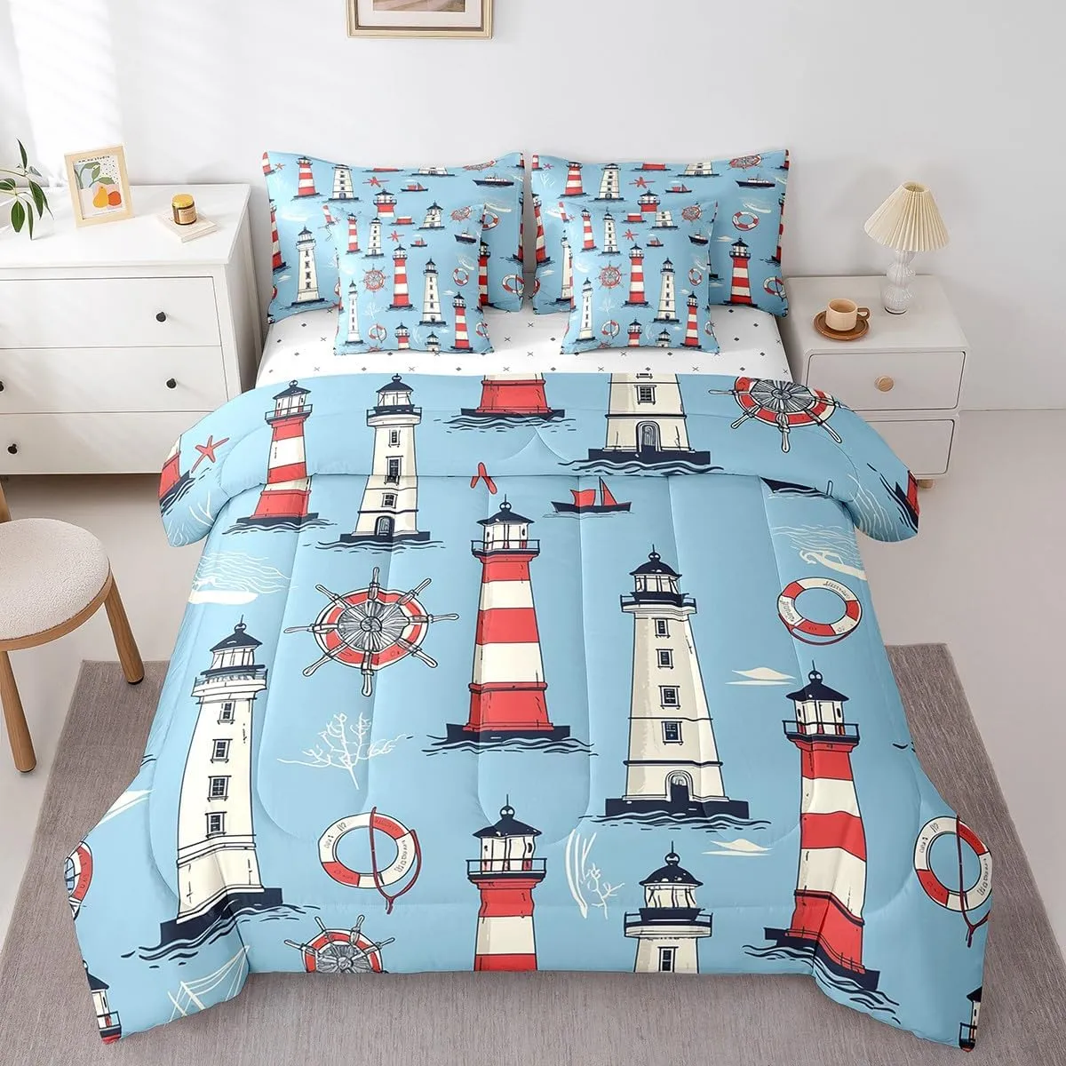 Feelyou Nautical Rudder Bedding Set Ocean Marine Lighthouses Comforter Set 7 Pieces King Size for Kids Boys Girls Sea Ship Wheels Bed in A Bag Ultra Soft Travel Decor Bed Set with Sheets