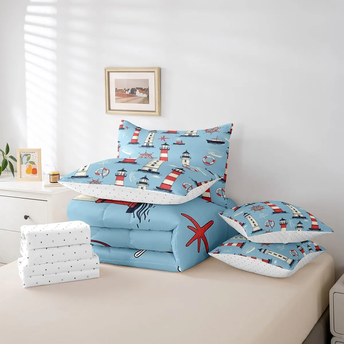 Feelyou Nautical Rudder Bedding Set Ocean Marine Lighthouses Comforter Set 7 Pieces King Size for Kids Boys Girls Sea Ship Wheels Bed in A Bag Ultra Soft Travel Decor Bed Set with Sheets