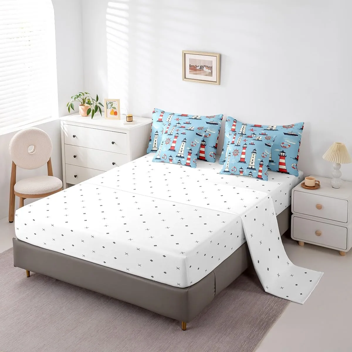 Feelyou Nautical Rudder Bedding Set Ocean Marine Lighthouses Comforter Set 7 Pieces King Size for Kids Boys Girls Sea Ship Wheels Bed in A Bag Ultra Soft Travel Decor Bed Set with Sheets