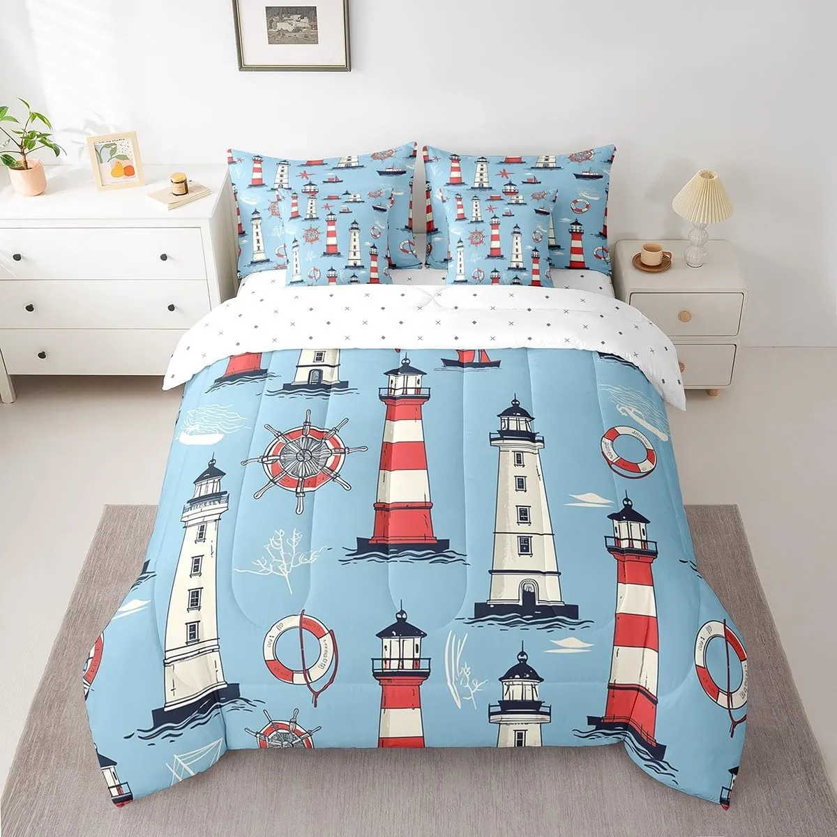 Feelyou Nautical Rudder Bedding Set Ocean Marine Lighthouses Comforter Set 7 Pieces King Size for Kids Boys Girls Sea Ship Wheels Bed in A Bag Ultra Soft Travel Decor Bed Set with Sheets