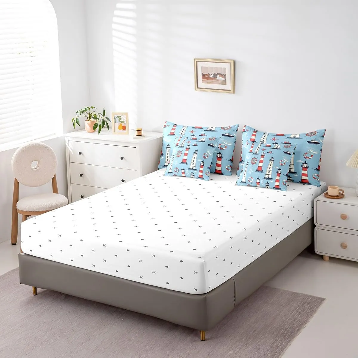 Feelyou Nautical Rudder Bedding Set Ocean Marine Lighthouses Comforter Set 7 Pieces King Size for Kids Boys Girls Sea Ship Wheels Bed in A Bag Ultra Soft Travel Decor Bed Set with Sheets