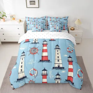 Feelyou Nautical Rudder Bedding Set Ocean Marine Lighthouses Comforter Set 7 Pieces King Size for Kids Boys Girls Sea Ship Wheels Bed in A Bag Ultra Soft Travel Decor Bed Set with Sheets