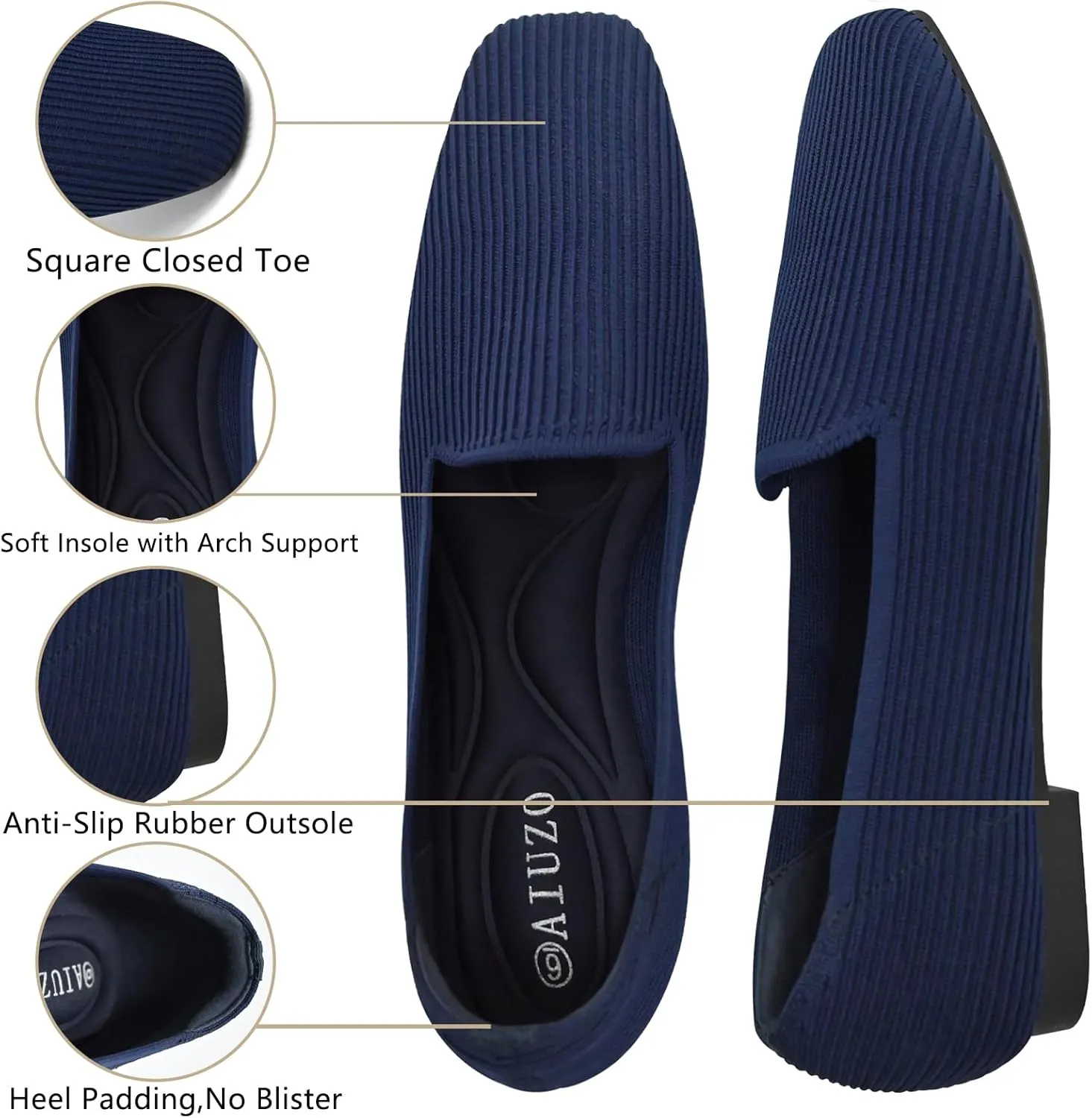 Flat Shoes for Women with Mesh Knitted Square Toe Ballet Flats Soft Slip On Walking Shoes Comfortable Office Shoes