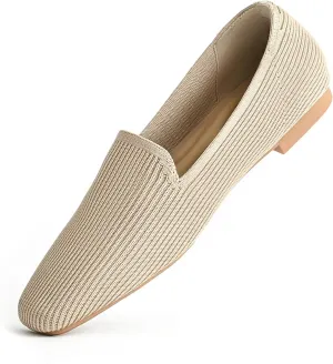 Flat Shoes for Women with Mesh Knitted Square Toe Ballet Flats Soft Slip On Walking Shoes Comfortable Office Shoes