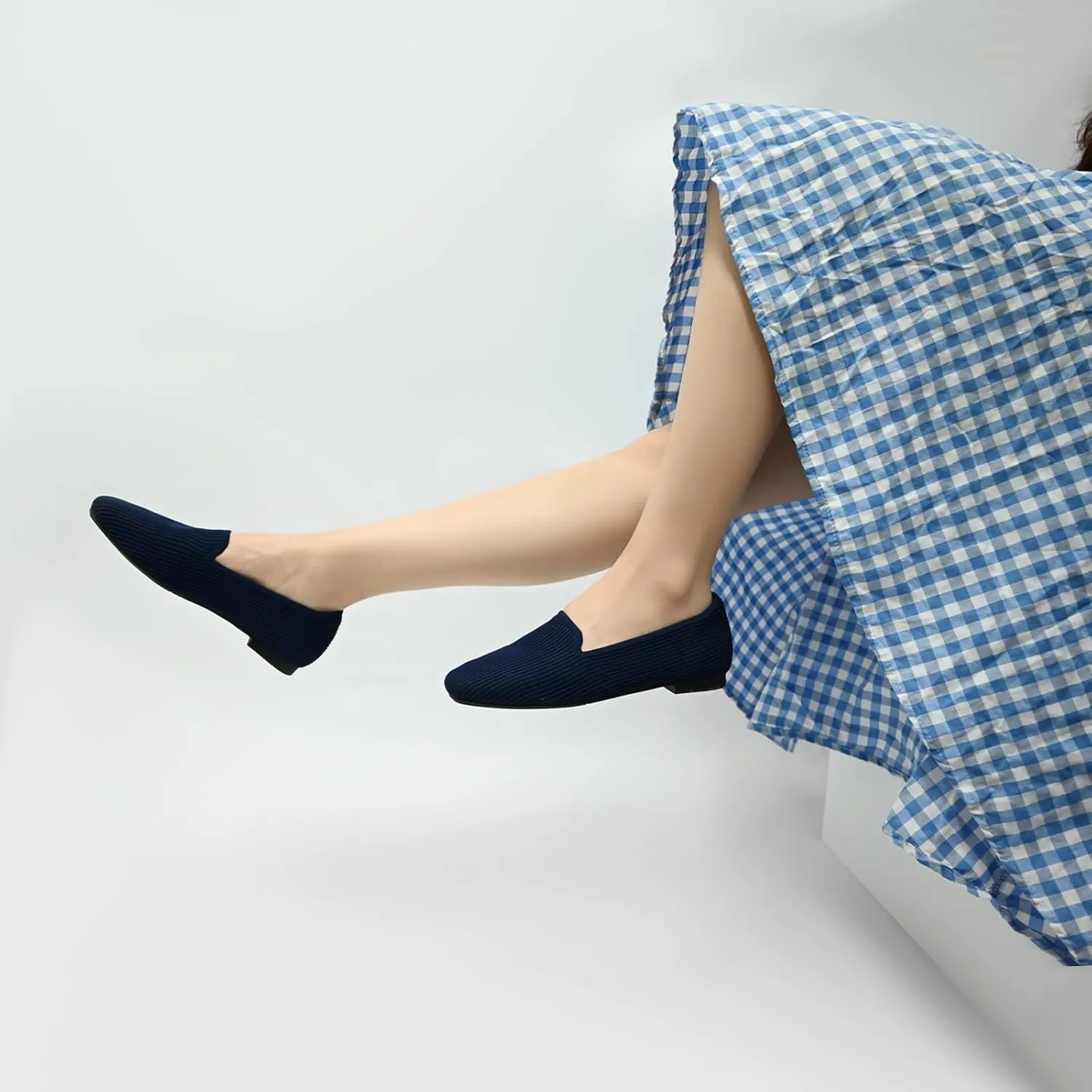 Flat Shoes for Women with Mesh Knitted Square Toe Ballet Flats Soft Slip On Walking Shoes Comfortable Office Shoes