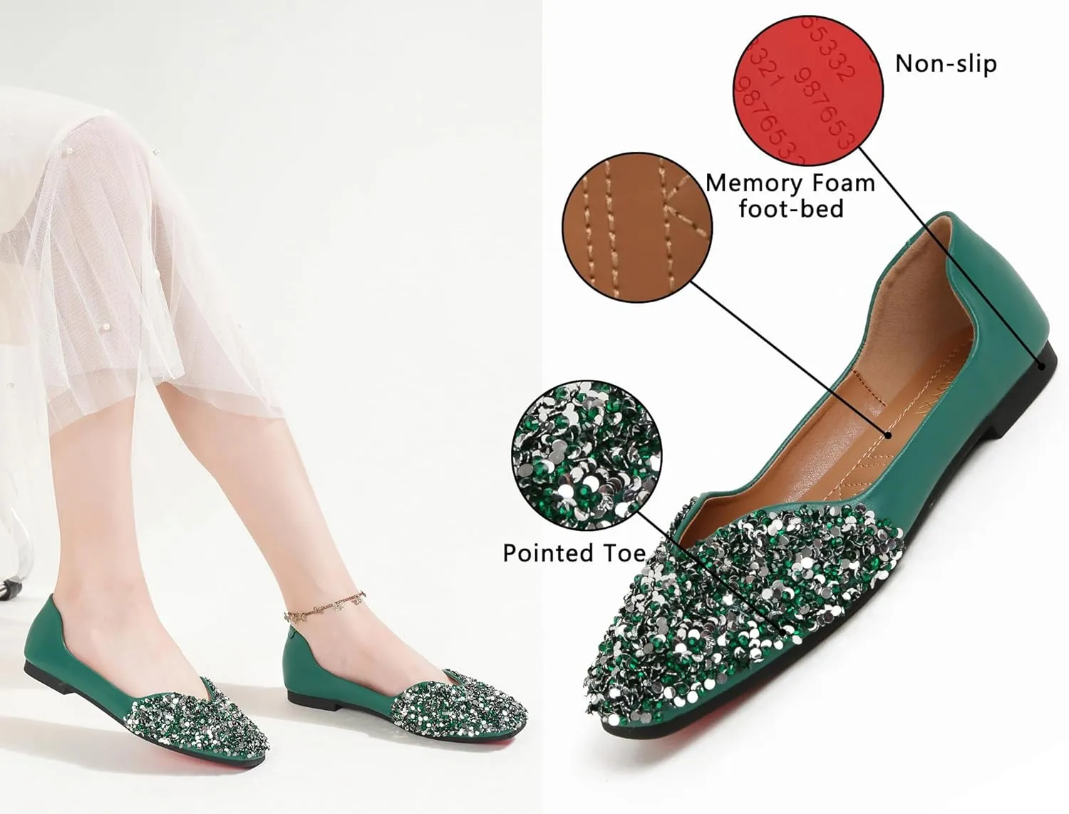 Flats Shoes Women Rhinestone Square Fashion Ballet Flats Wedding Flats for Women Comfortable Slip on Low Heel Dress Shoes
