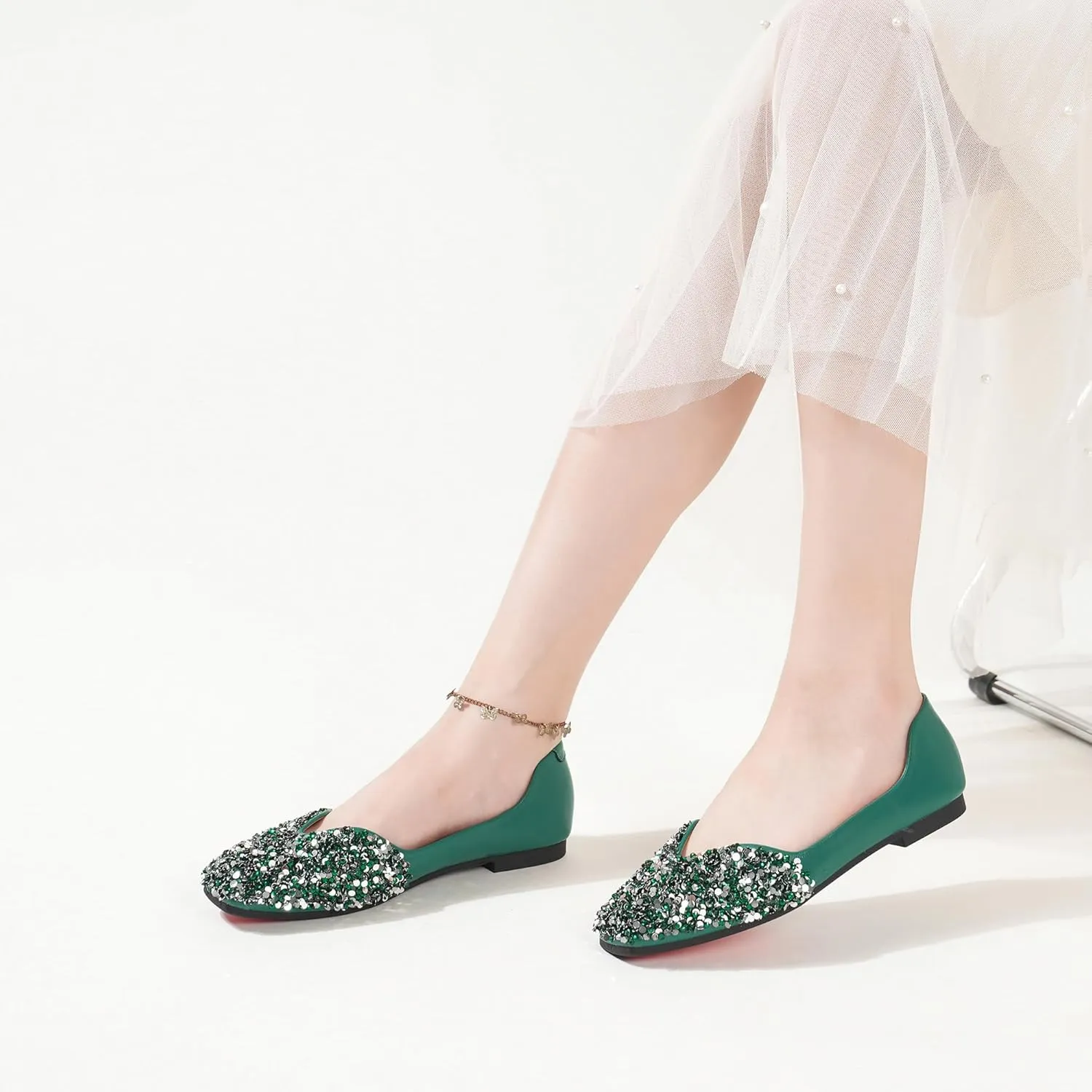 Flats Shoes Women Rhinestone Square Fashion Ballet Flats Wedding Flats for Women Comfortable Slip on Low Heel Dress Shoes