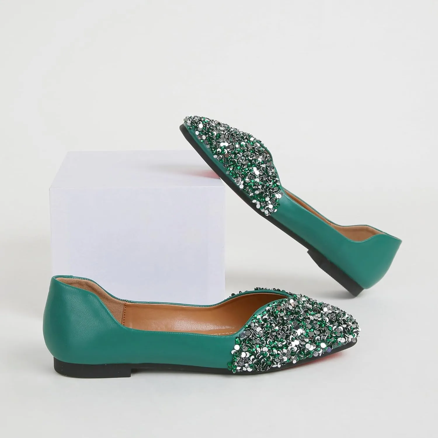 Flats Shoes Women Rhinestone Square Fashion Ballet Flats Wedding Flats for Women Comfortable Slip on Low Heel Dress Shoes