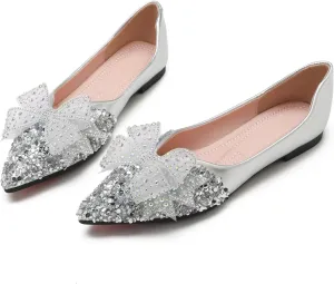 Flats Shoes Women Rhinestone Wedding Flats Comfort Pointed Toe Ballet Flat Shoe Low Heel Dress Shoes Sparkly Flats for Women