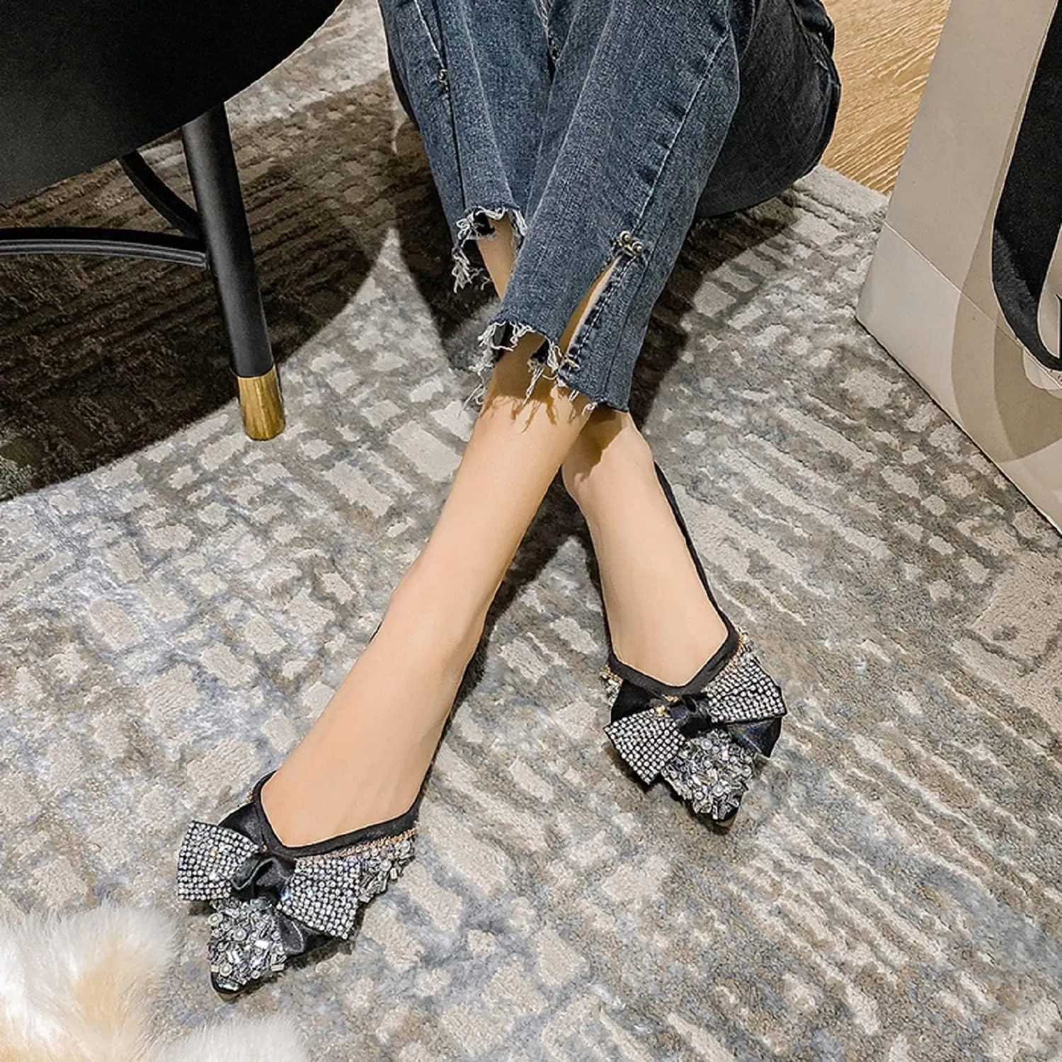 Flats Shoes Women Rhinestone Wedding Flats Comfort Pointed Toe Ballet Flat Shoe Low Heel Dress Shoes Sparkly Flats for Women