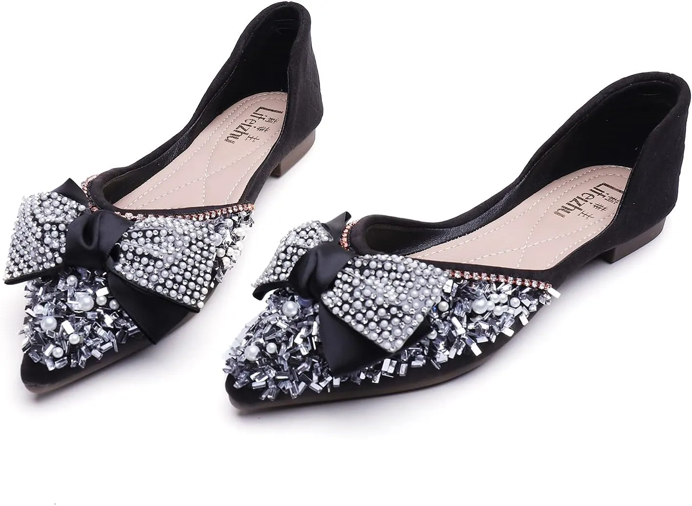 Flats Shoes Women Rhinestone Wedding Flats Comfort Pointed Toe Ballet Flat Shoe Low Heel Dress Shoes Sparkly Flats for Women