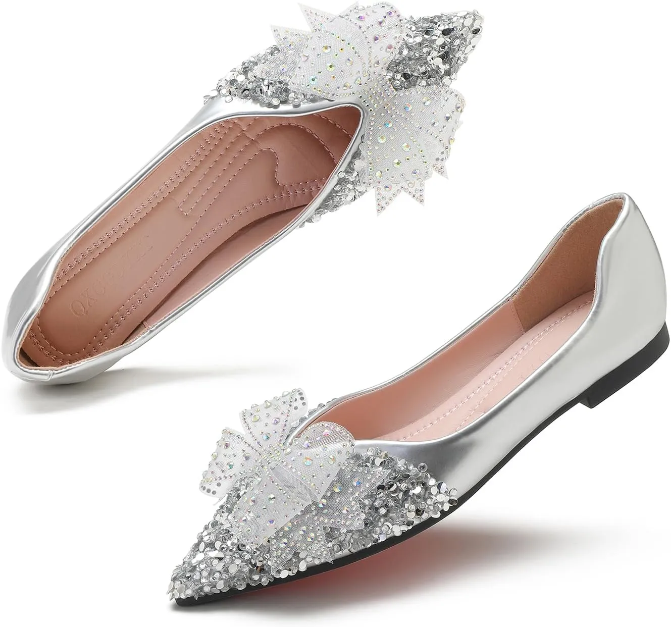 Flats Shoes Women Rhinestone Wedding Flats Comfort Pointed Toe Ballet Flat Shoe Low Heel Dress Shoes Sparkly Flats for Women