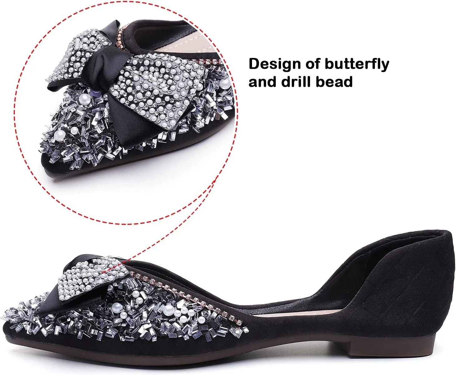 Flats Shoes Women Rhinestone Wedding Flats Comfort Pointed Toe Ballet Flat Shoe Low Heel Dress Shoes Sparkly Flats for Women