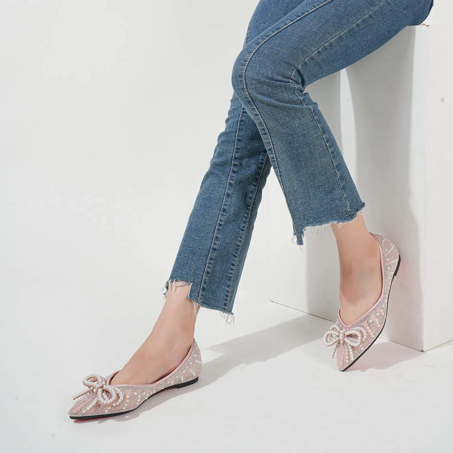 Flats Shoes Women Rhinestone Wedding Flats Pointed Toe Ballet Flat Shoe Low Heel Dress Shoes Sparkly Flats for Women