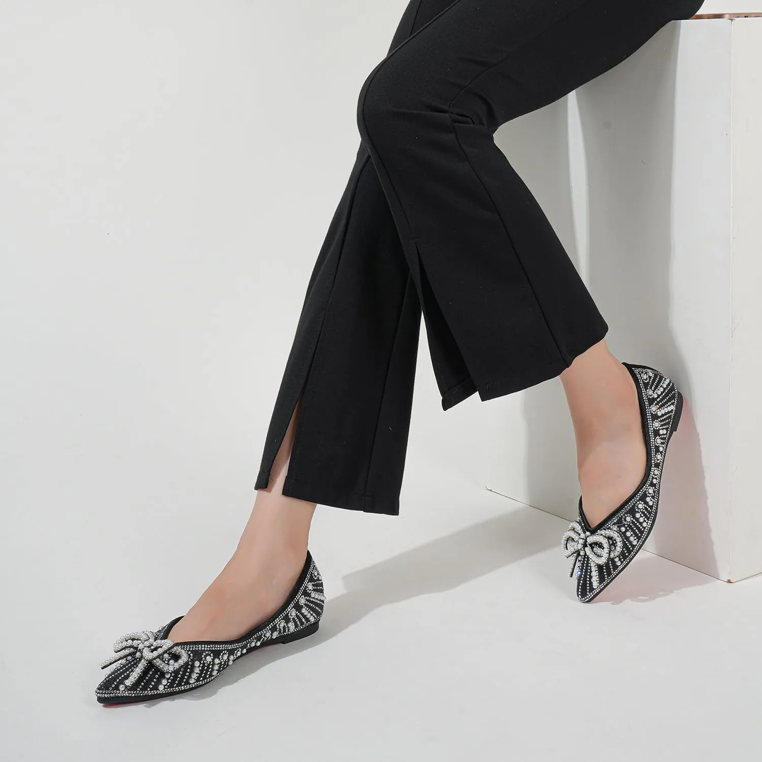 Flats Shoes Women Rhinestone Wedding Flats Pointed Toe Ballet Flat Shoe Low Heel Dress Shoes Sparkly Flats for Women