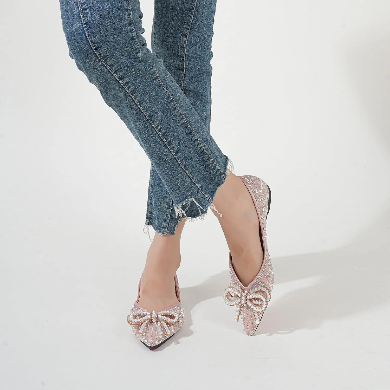 Flats Shoes Women Rhinestone Wedding Flats Pointed Toe Ballet Flat Shoe Low Heel Dress Shoes Sparkly Flats for Women