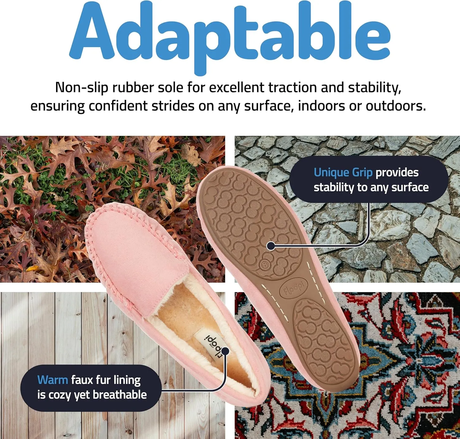 Floopi Women Slippers Moccasins, Soft Faux Fur Lining with Cozy Memory Foam, Ladies House Slippers for Women with Indoor & Outdoor Anti-Skid Sole