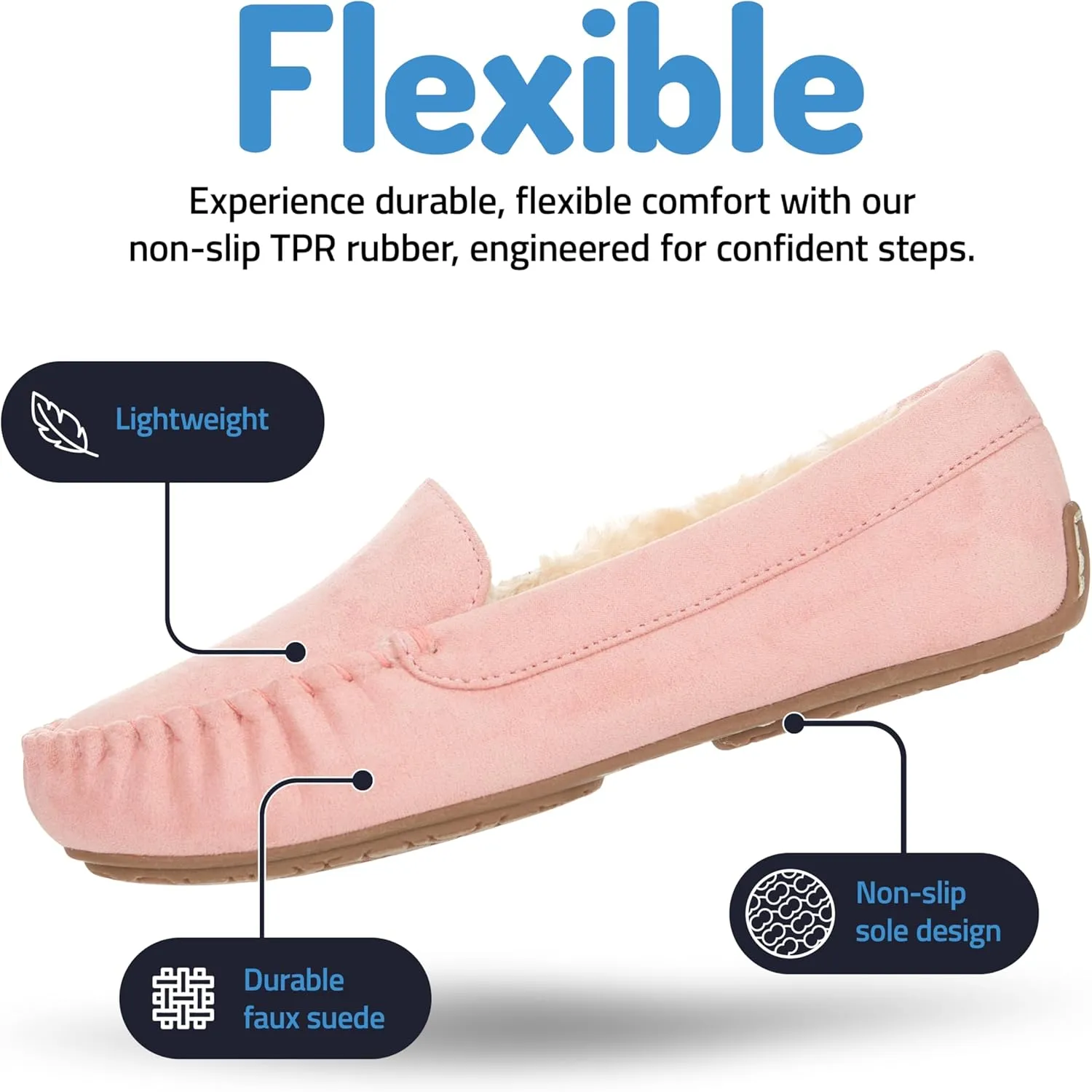 Floopi Women Slippers Moccasins, Soft Faux Fur Lining with Cozy Memory Foam, Ladies House Slippers for Women with Indoor & Outdoor Anti-Skid Sole