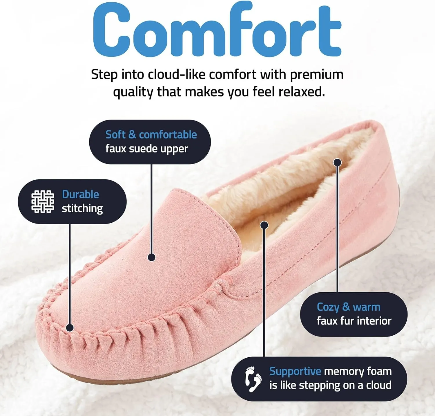Floopi Women Slippers Moccasins, Soft Faux Fur Lining with Cozy Memory Foam, Ladies House Slippers for Women with Indoor & Outdoor Anti-Skid Sole
