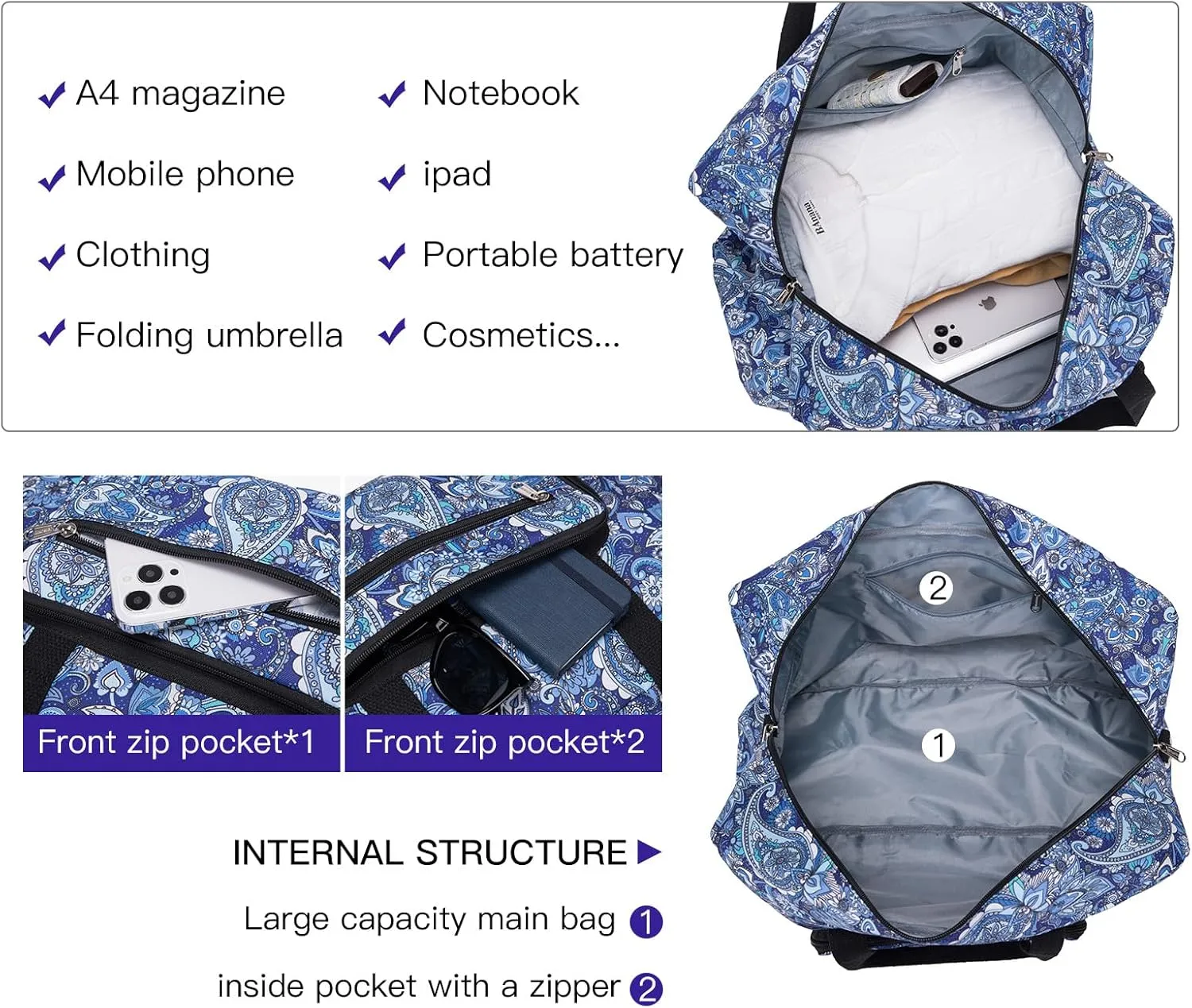 Foldable Travel Duffel Bag, Medium Women's Weekender and Overnight bag carry on Luggage bag for Women