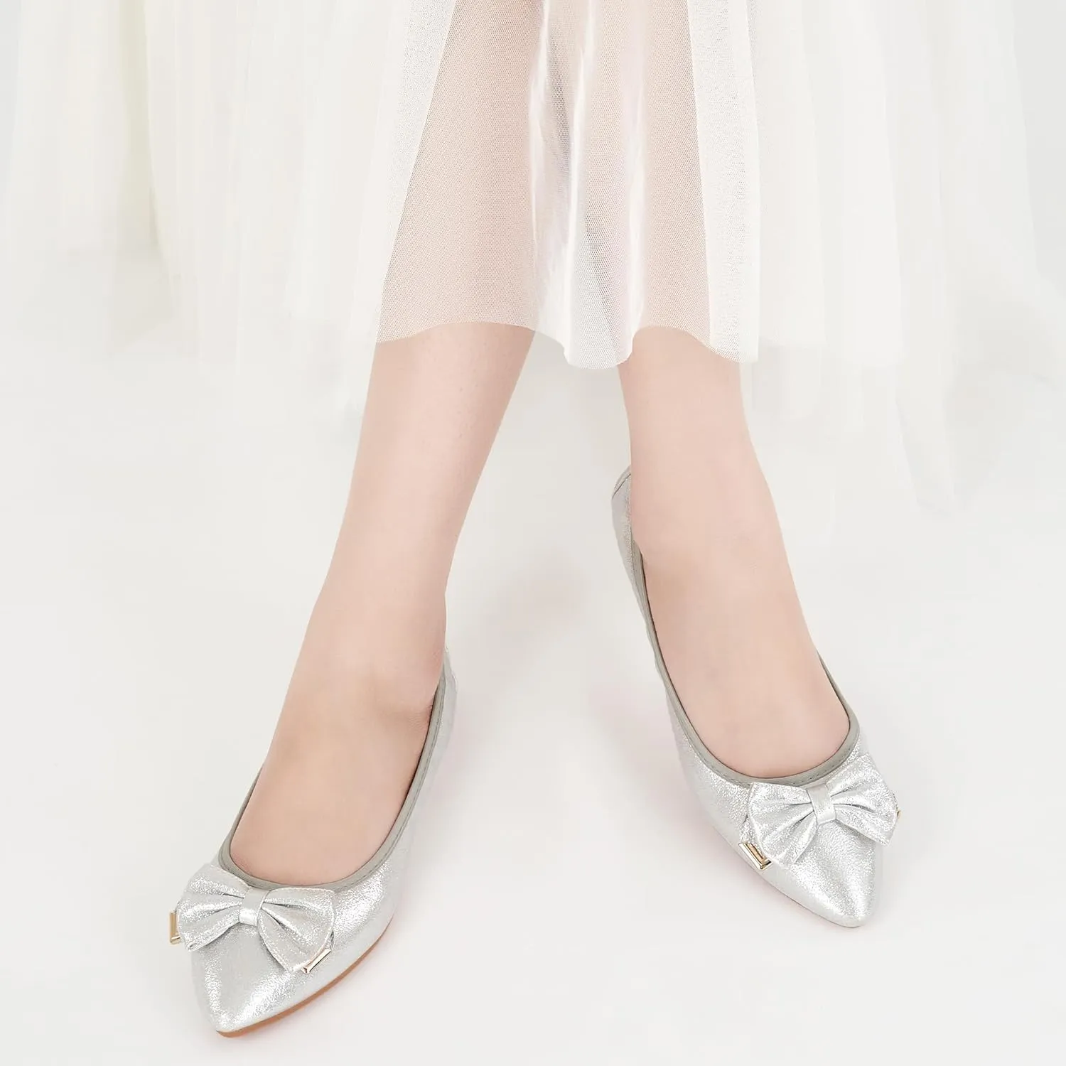 FUDYNMALC Womens Ballet Flats Shoes: Foldable Dressy Wedding Ballerina Shoes Sparkly Bowknot Pointed Toe Slip on Walking Loafers