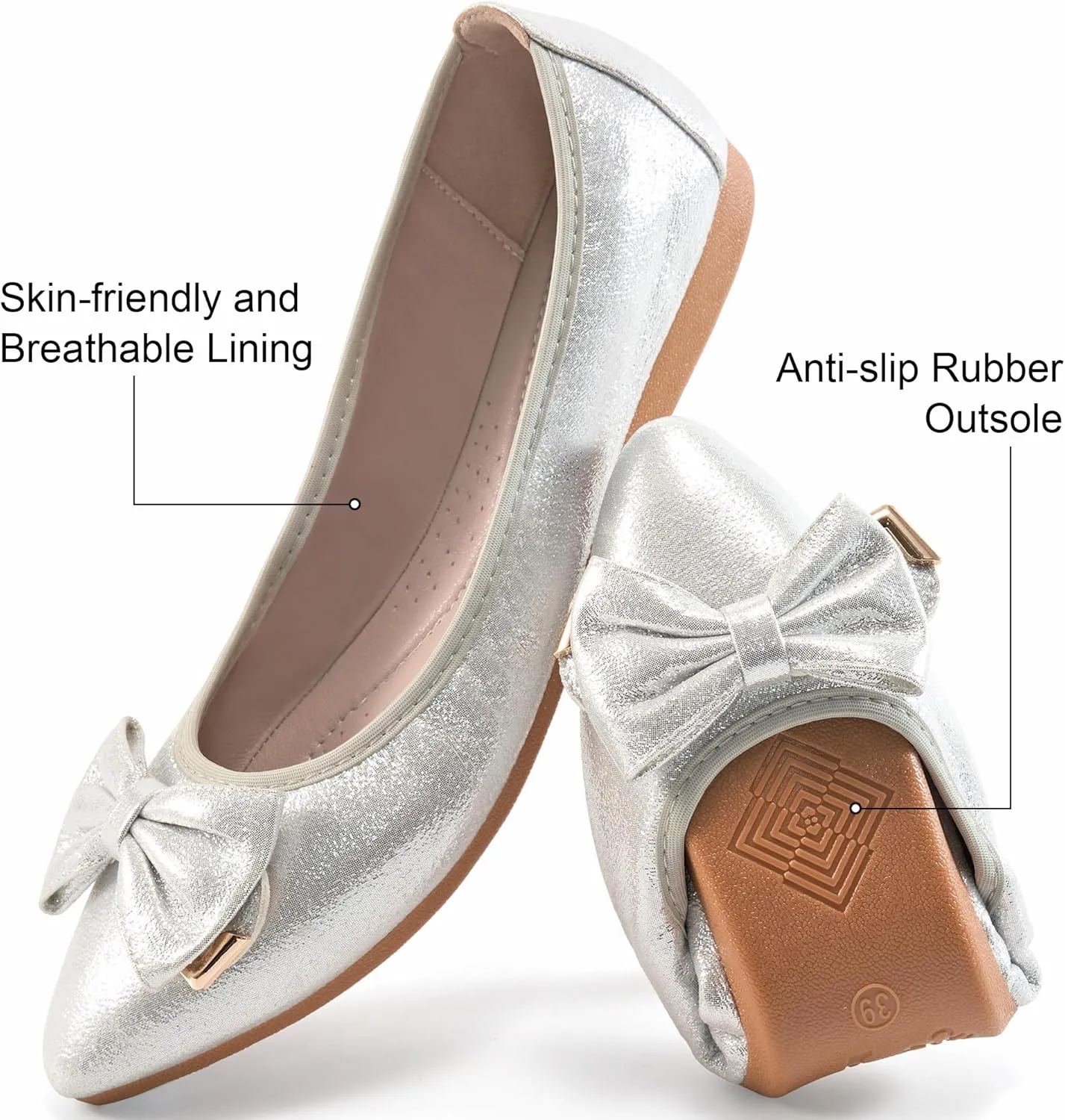 FUDYNMALC Womens Ballet Flats Shoes: Foldable Dressy Wedding Ballerina Shoes Sparkly Bowknot Pointed Toe Slip on Walking Loafers