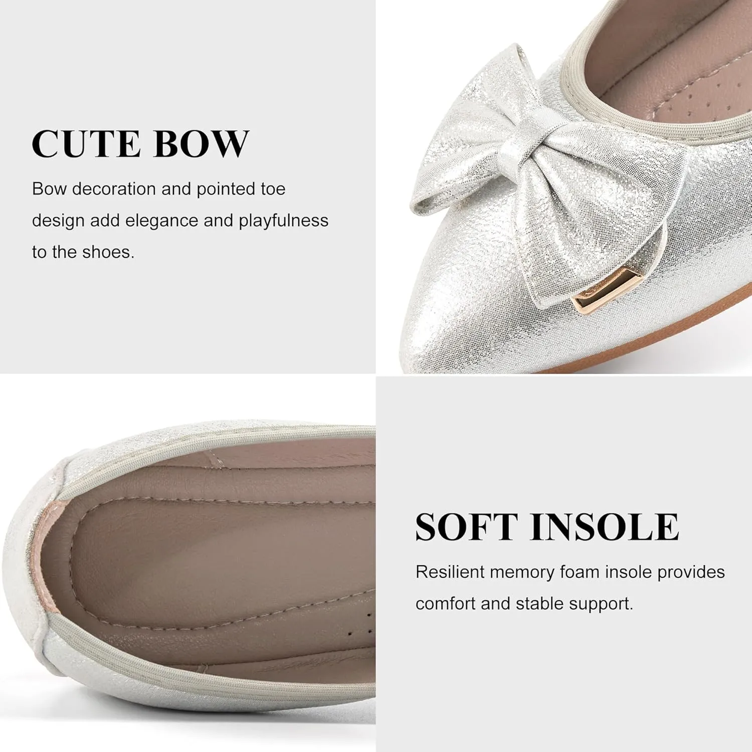 FUDYNMALC Womens Ballet Flats Shoes: Foldable Dressy Wedding Ballerina Shoes Sparkly Bowknot Pointed Toe Slip on Walking Loafers