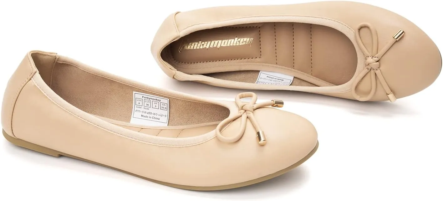 FUNKYMONKEY Women's Ballet Flats Dress Casual Slip-on Bow Round Toe Walking Shoes