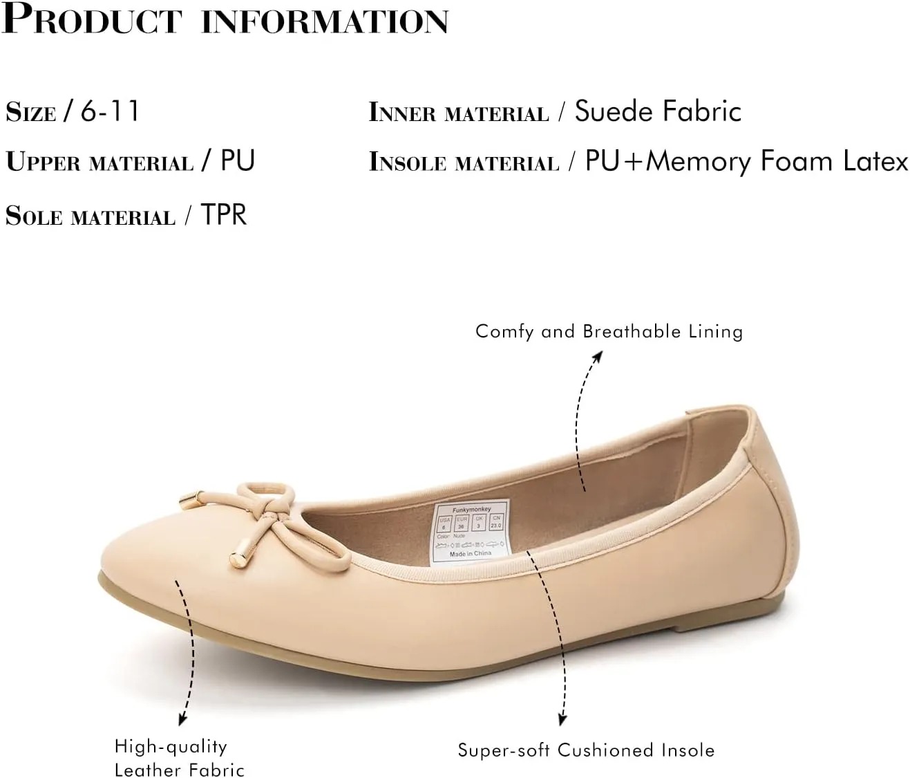 FUNKYMONKEY Women's Ballet Flats Dress Casual Slip-on Bow Round Toe Walking Shoes